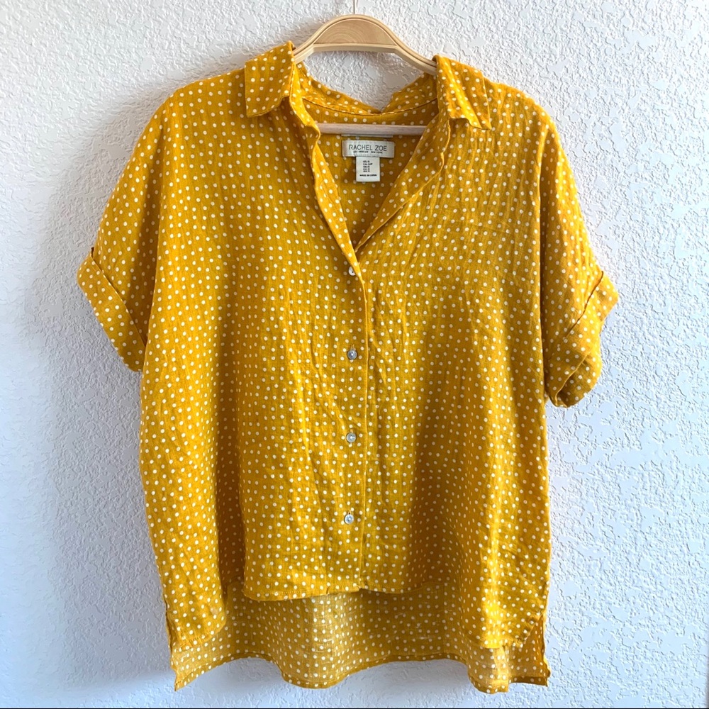 Rachel Zoe Linen Yellow Polka Dot Box Button Up